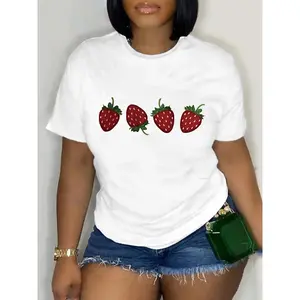 Men's Unisex Plus-Size Black Round-Neck Short-Sleeve Cotton Graphic T-Shirt with Strawberry Print, Soft Lightweight Breathable Fabric, Slightly Loose Fit, Streetwear Everyday Casual Essential for Spring, Summer