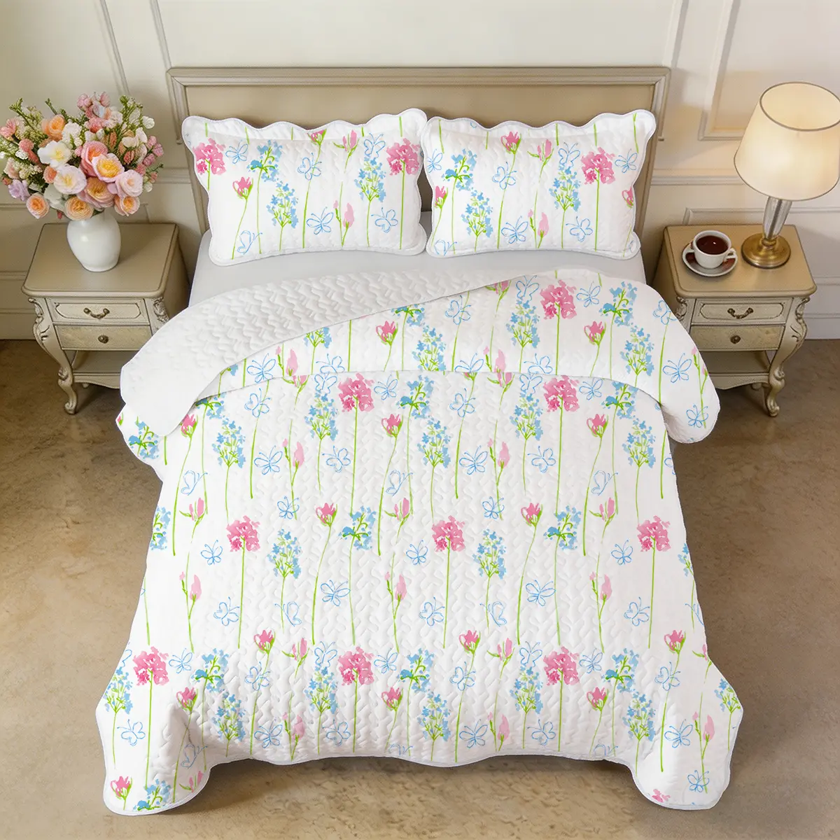 3-Piece Floral Quilt Set Queen Size, 90" x 90" Colorful Wildflower Bedspread with 2 Standard Pillow Shams, Scalloped Edge Coverlet for Spring Summer Bedroom Decor