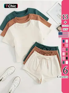 Women's Classic Four-Season Pajama Set, Round Neck Short Sleeve Top & Elastic Comfortable Shorts, Casual Home Wear, All Seasons