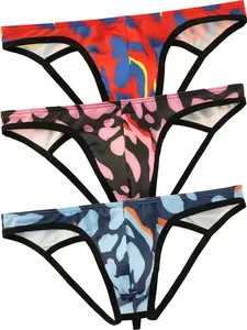 Men's Ultra-Thin Camo Striped Thongs, Transparent Elastic Fashion Brief Underwear, Breathable Comfort Summer Shorts, 3 Pack, Breathable Undergarments