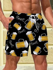 Men's Printed Beer Pattern Summer Vacation Beach Pants Trunks, Adjustable Drawstring Waist, Suitable for Beach and Summer Outings