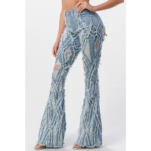 Diamond Distressed Ripped Jeans Flare Leg