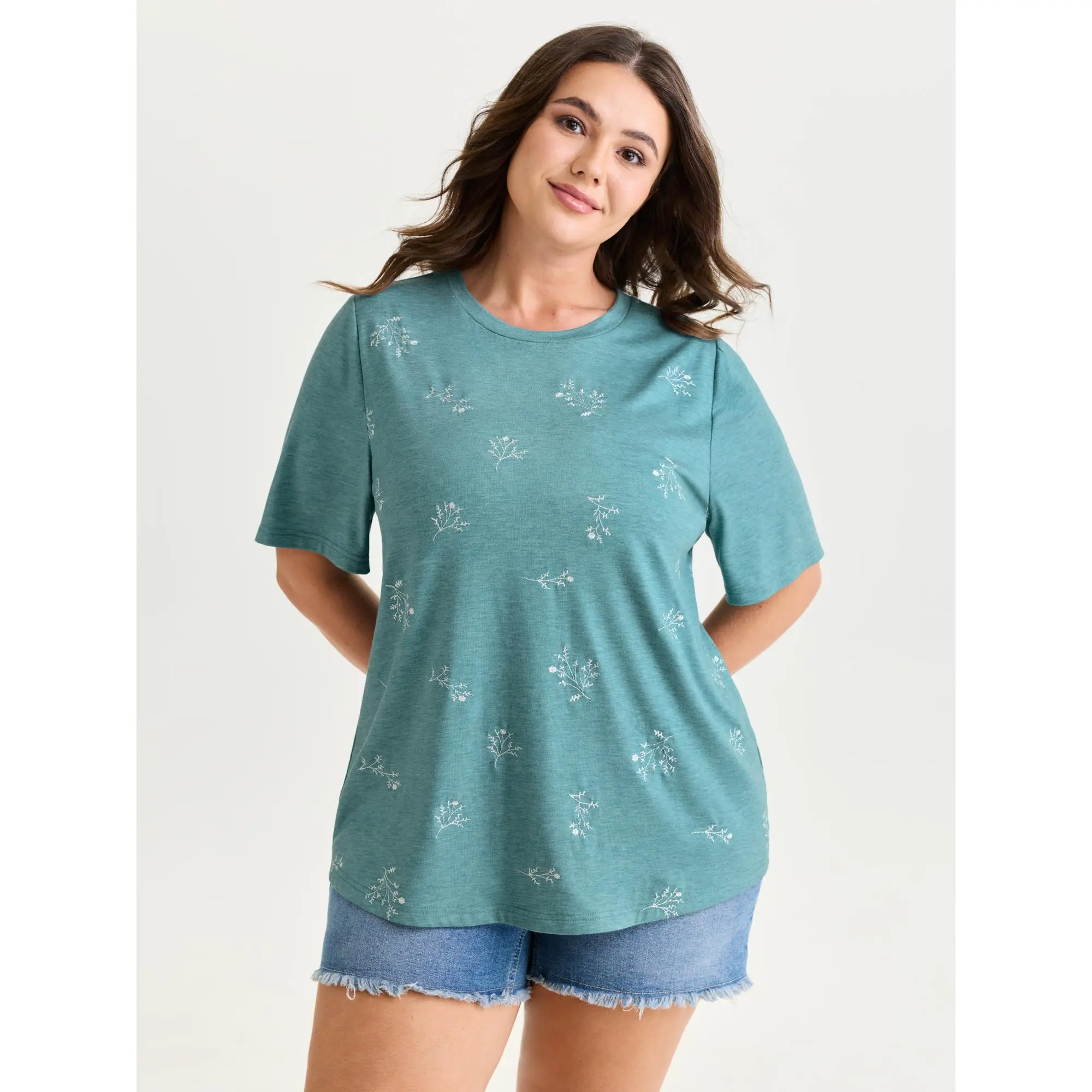 BloomChic Lady's Curvy Plus Size Floral Embroidered Short Sleeve T-Shirt - Smooth Fabric, Regular Fit Low Iron Casual Top with Polyester-Spandex Blend (Plus Size Women's Tops), Plus Size Clothes