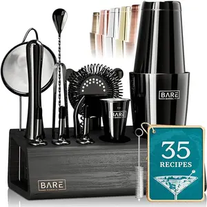 BARE BARREL Mixology Bartender Kit Bar Set | 14-Piece Cocktail Shaker Set | Pro Barware Mixing Tools for Home Bartending | Incl. 35 Recipe Cards | Gift Set (28oz Boston, Jet Black)