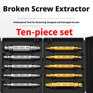 Ten-piece set of broken screw extractors, universal tool for removing broken screw heads, tap extractors for rusted and damaged screws