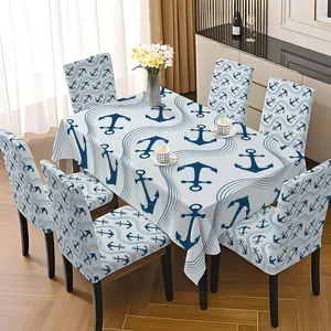 5/7 Pcs Nautical Anchor Wave Print Tablecloth & Chair Cover Set, Coastal Ocean Summer Aesthetic Style, Stretch Full Wrap Removable Washable Dining Chair Slipcover, For Family Home, Daily Dining, Holiday Gathering, Birthday Party Decor