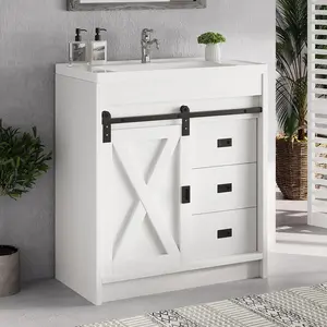 HOMBCK Farmhouse Bathroom Vanity with Sink, Small Bathroom Vanity Cabinet with 2 Drawers & Sliding Barn Door