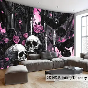 1pc Extra Large Gothic Skull & Raven Rose Tapestry - Dreamy Pink Fantasy Landscape Photo Print, Polyester Aesthetic Wall Hanging for Living Room, Bedroom, Office, Party Decor - No Installation Required, Gothic Home Decor