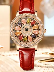 Luxury Colorful Gemstone Ladies Watch, Vintage Petal Dial Design, Crocodile Leather Strap, Waterproof Casual Women's Watch Gift