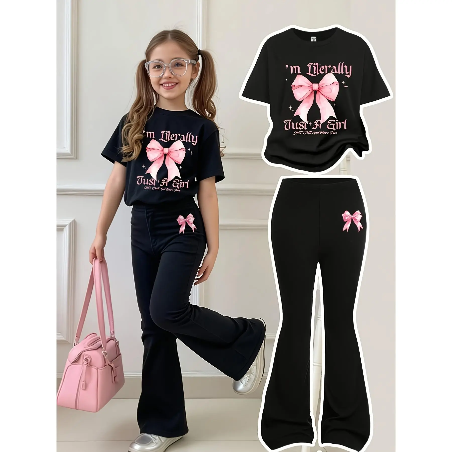 2pcs Black and Pink Bow Casual Set| Short-Sleeved T-Shirt and Flared Pants with English Slogan Decoration, Comfortable Fabric for Daily Wear, Casual Street Style, Perfect for, for Outdoor, Perfect for Outdoor