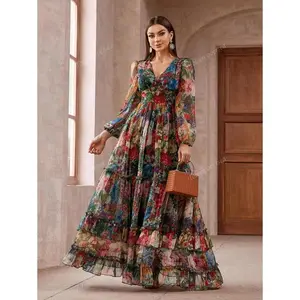 Women Vintage Floral Print Long Sleeve Frill Trim Summer Maxi Dress