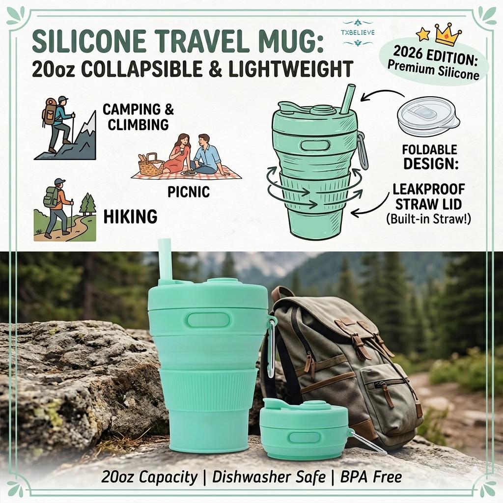 Silicone Coffee Mug Collapsible Cups for Camping Folding Travel with Straw Reusable Portable Drinking Cups Outdoor Hiking 450ml (Green-450ml, 1)
