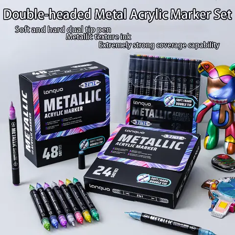 Languo Dual-Head Metal Acrylic Marker Set, Soft Hard Tip Markers, Acrylic Paint Markers, 12/24/48 Colors, Art Supplies, Arts And Crafts Supplies, Non-Porous Outline Pens