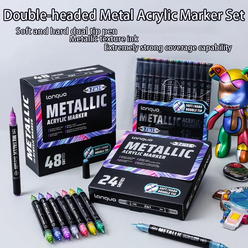 Languo Dual-Head Metal Acrylic Marker Set, Soft Hard Tip Markers, Acrylic Paint Markers, 12/24/48 Colors, Art Supplies, Arts And Crafts Supplies, Non-Porous Outline Pens