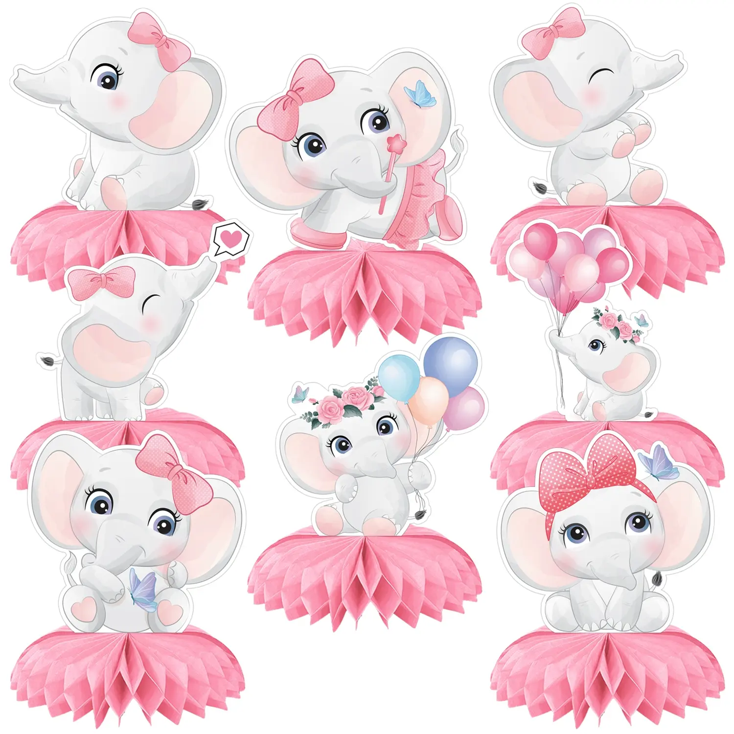 8pcs Pink Elephant Honeycomb Table Centerpieces Decorations Animal Party 3D Table Toppers Elephant Themed Party Decorations Happy Birthday Decorations for Birthday Baby Shower Wedding Party Supplies Decorative Ornament Party Decoration Set