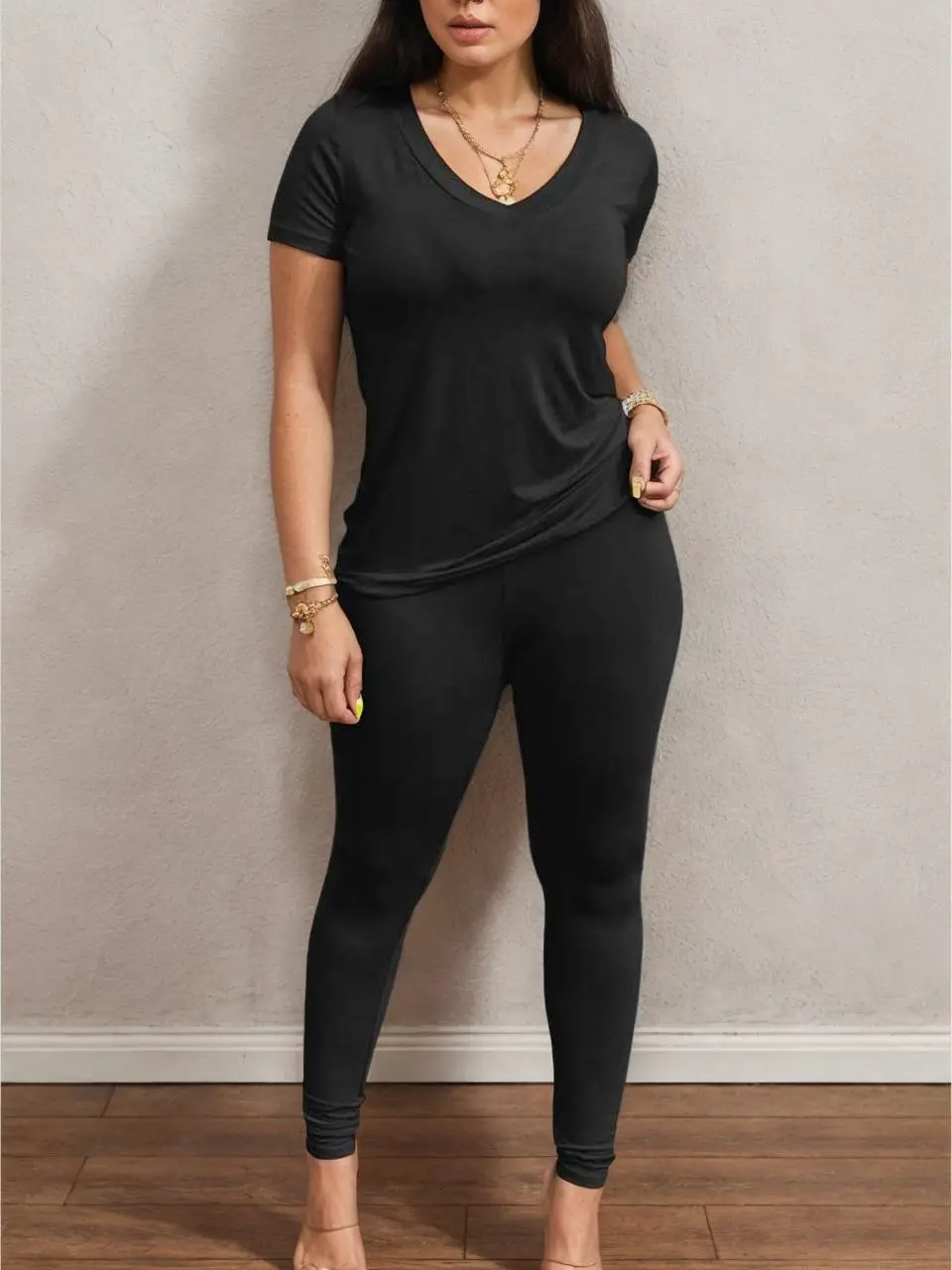 Two-Piece Set Women's Solid Skinny Pants Two-piece Set, Casual Short Sleeve Tee & High Waist Leggings, Fall Clothes, Women's Clothing for Summer, Lady