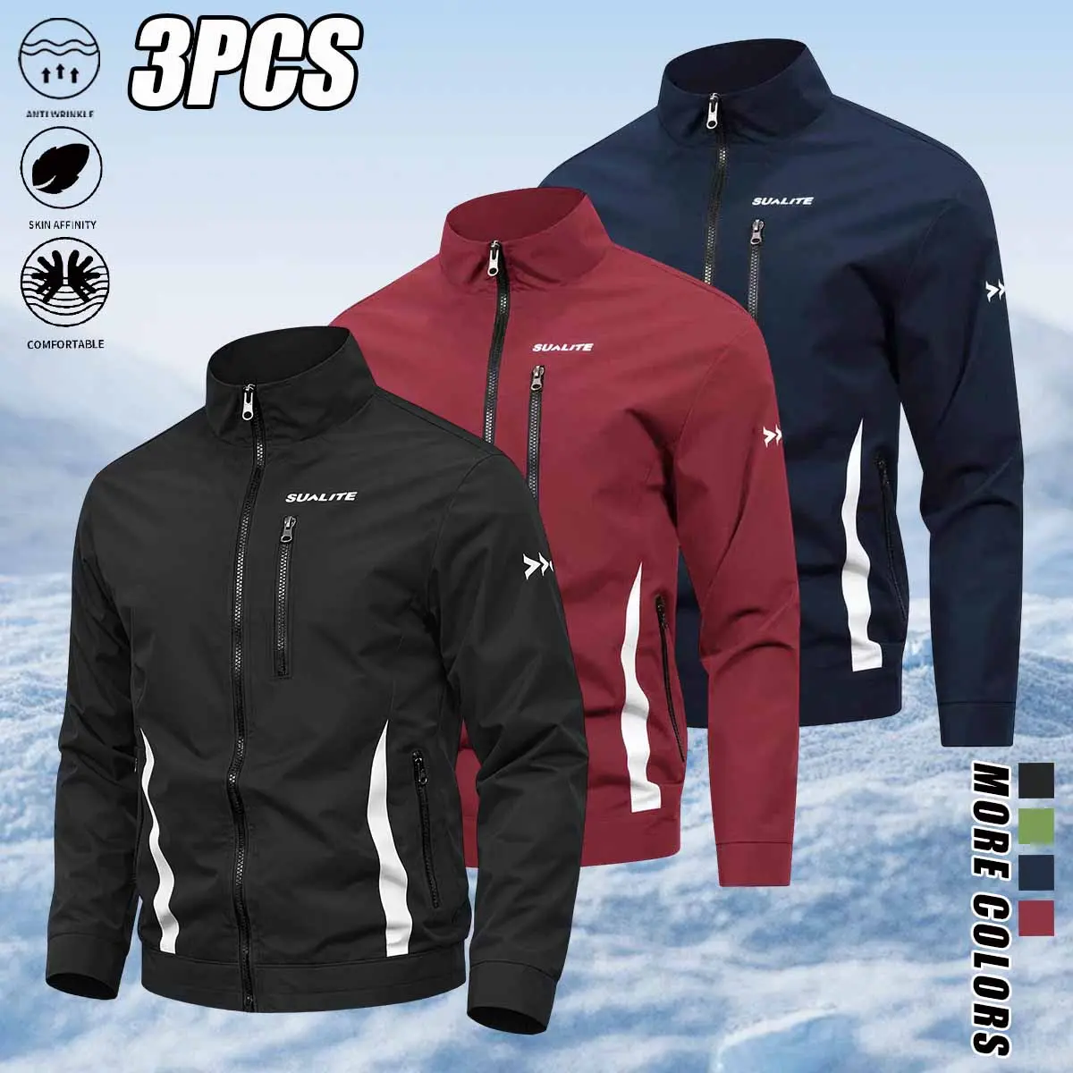 3-pack stylish men’s jackets for everyday commuting and outdoor sports; men’s casual stand-collar athletic jacket; softshell jacket/hardshell jacket; outdoor casual sport top; outdoor sports casual hiking jacket; windproof hardshell jacket