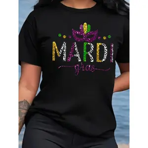 Celebrate Mardi Gras in style with our Black 180g Cotton Crew Neck Short Sleeve T-Shirt featuring vibrant Mardi Gras Glitter Mask Print, Perfect for Festive Celebrations, Casual Outings, Soft Ladies' Comfy Tee, Trendy Graphic Top, Women's Fashion Essentia