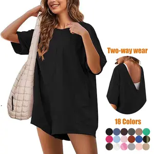 Women's Reversible 2-Way Wear Oversized T-Shirt Romper Deep V-Neck Crewneck Soft Comfy Loose Playsuit with Pockets
