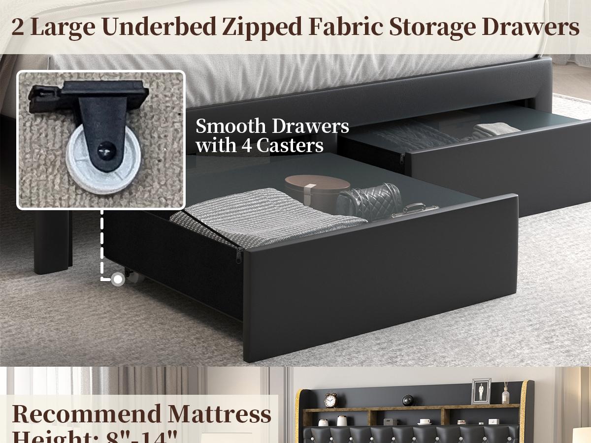 [Father's Day Gift] Queen LED Bed Frame with Galaxy Star Projector, Built-in Speaker & Charging Station, Luxury Upholstered Platform Bed with 2 Storage Drawers & 2-Tier Headboard, Noise-Free Modern Bedroom Furniture, Black