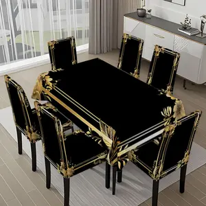 5/7-piece 2D Flat Printing Black and Gold Floral Border Printing Pattern Tablecloth and Chair Cover Set, for dining table and chair decoration, perfect for home, holiday gatherings, restaurants, and parties, Chair Covers Set