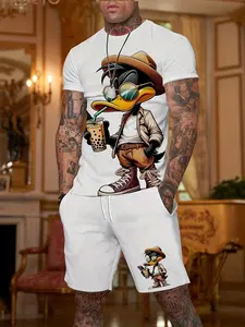 Men's Cartoon Duck Print Casual Short Sleeve Set, Summer Fashion Tee and Shorts Two-Piece, Trendy and Comfortable