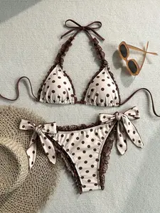 Sunspun x Soleia Women's Retro Colorful Leopard, Zebra, Floral Print Frill Tie Front Tassel Decor Beach Bikini Set