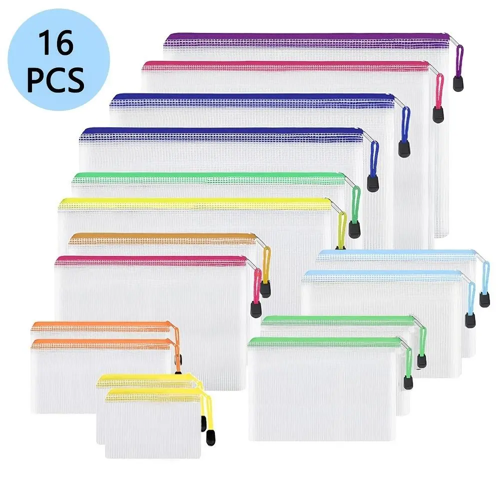 Transparent Mesh Zipper File Bag, 16pcs/set Waterproof Mesh Zipper File Bag, Multi-size File Bag, Pouch Organizer, Organizational Zipper Storage, Office Supplies