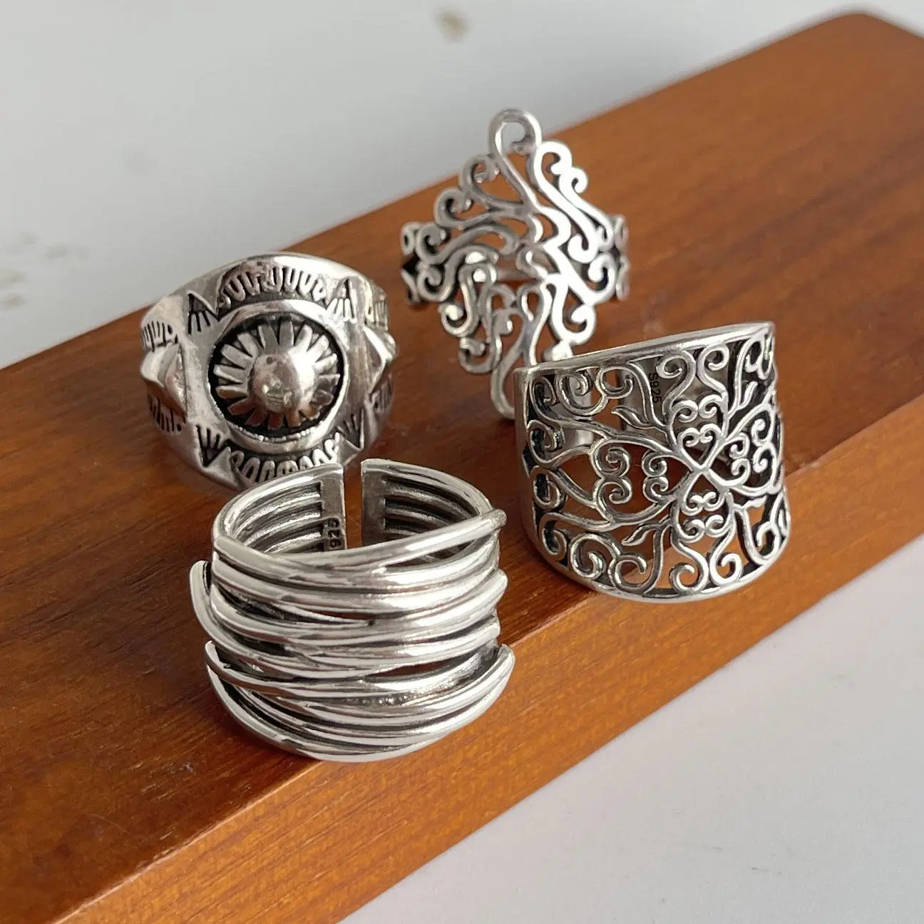 925 Sterling Silver Rings For Women Geometric Fine Jewelry Finger Adjustable Retro Flower Hollow Ring For Party Birthday Gift