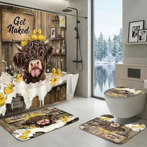 4Pcs Shower Curtain Set Highland Cow, Rubber Duck, Bathroom Sets with Rugs, Christmas Halloween Thanksgiving, Bathroom Decor, Funny Brown Cow In Bathtub With Yellow Ducks And Wooden Wall