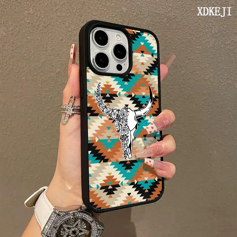 Trendy Magnetic Case for iPhone11/12/13/14/15/16/17/Air/Plus/promax Western Bull Skull Aztec MagSafe Ready, Ultra Thin & Shockproof | Cute Pick for Girls