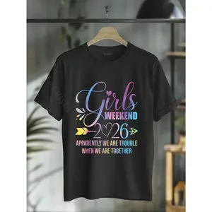 Women's Cotton Short-Sleeve Round Neck Casual Streetwear Top, We Are Trouble 2026 Girls' Trip Weekend Sports & Outdoor Shirt