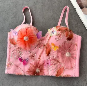 Bustier Top With 3D Flower Design Embellished With Rhinestones & Pearls