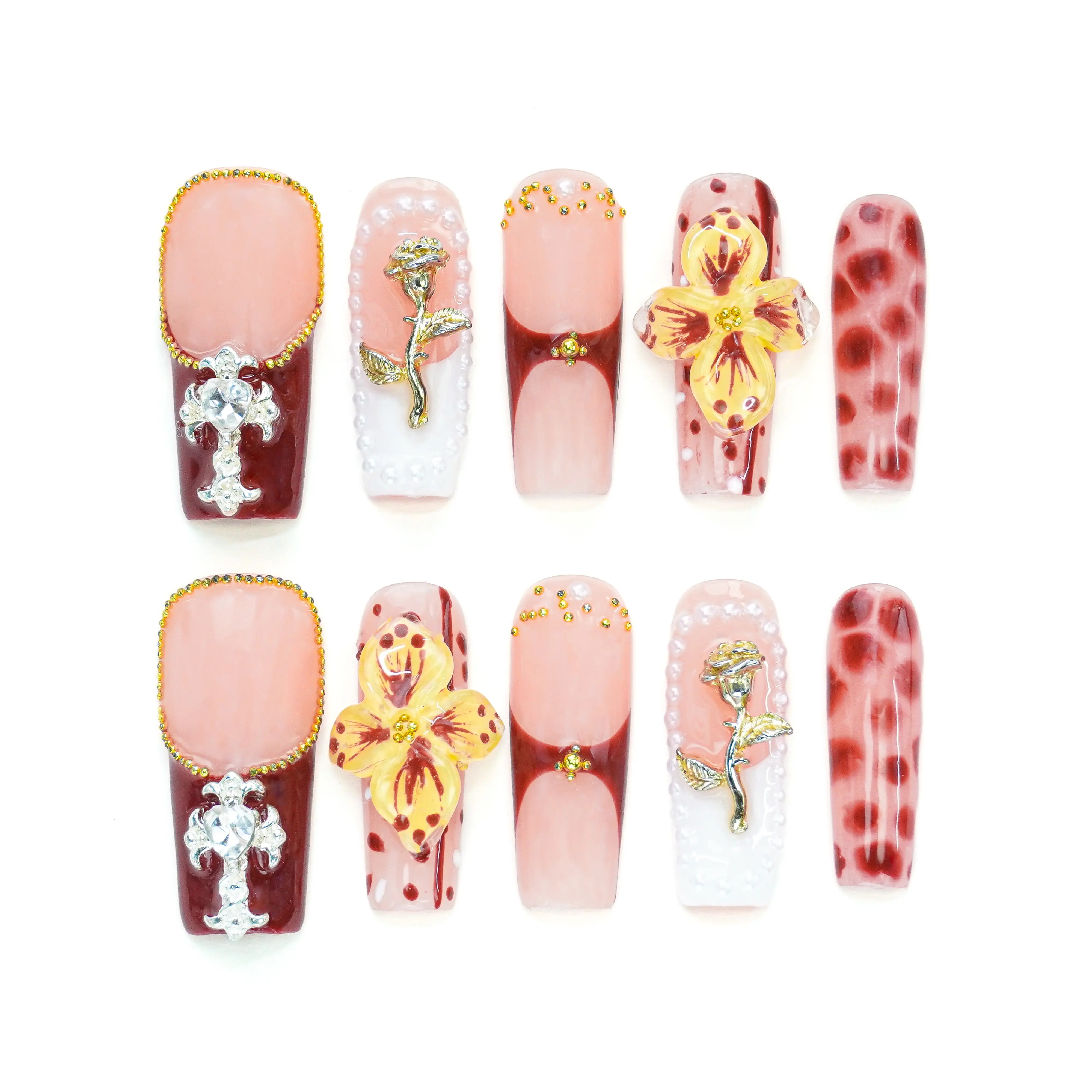 10PCS 3D Square Collections  Reusable Handmade Press-On Nails – Acrylic REUSABLE 3D Gel Summer 2025/Prom