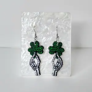 #386 Skeleton Hand with Green Leopard Print Clover Earrings, Casual, St. Patrick's Day Jewelry, Acrylic