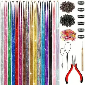Hair Tinsel Kit with Tools, 12 Colours, 3200 Strands, Heat Resistant, Easy to Use, Perfect for  Parties - 48 Inch Colorful Clip-in Hair Extensions