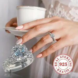 Valentine's Day 2-Piece Set for Women - 4.9g 925 Sterling Silver Elegant Luxurious April Birthday Wedding Banquet Ring Set with Classic Four-Prong Design