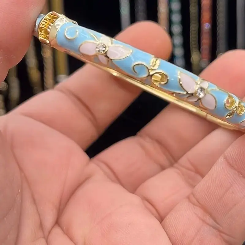 Female Fashionable Bracelet - Gold-Plated, Blue Enamel, Floral Bangle, Elegant Casual Classic Costume Jewelry Accessory