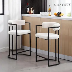 CHAIRUS  26 Inches Sherpa Modern Bar Stools Set of 2 Faux Fur Upholstered Bar Chairs with Metal Base Footrest, Kitchen Counter Chairs for Home Bar/Pub/Dining Room/Kitchen Island, White