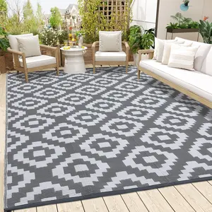 Outdoor Patio Rug Double Sided Plastic Straw Carpet Modern Geometric Waterproof Rug Balcony Decorative Rug for Backyard Deck Persian Carpet