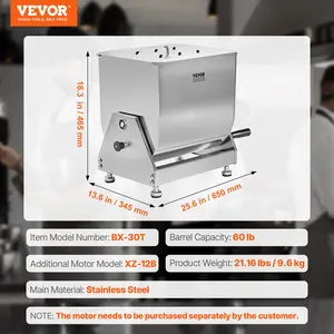 VEVOR Manual Meat Mixer, 60 Pound Max Capacity Tilt Tank Meat Mixer, Stainless Steel Meat Processing Equipment, Sausage Mixer Machine with Lid and Handle, Ground Beef Hand Mixer, Silver