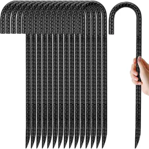 16 Pack 12 Inch Rebar Stakes J Hook Ground Stakes 0.4 inch Diameter Heavy Duty Galvanized Metal Tent Stakes Chain Link Fence Stakes for Trampolines Lawn Decorations Swing Inflatables Canopy