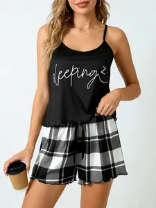 Minimalist Ins Style Black White Plaid Pajama Set for Women, Cami Top Shorts, Spring Summer Wearable, Letter Print, Ruffled Hem, Lightweight Casual Home Outfit