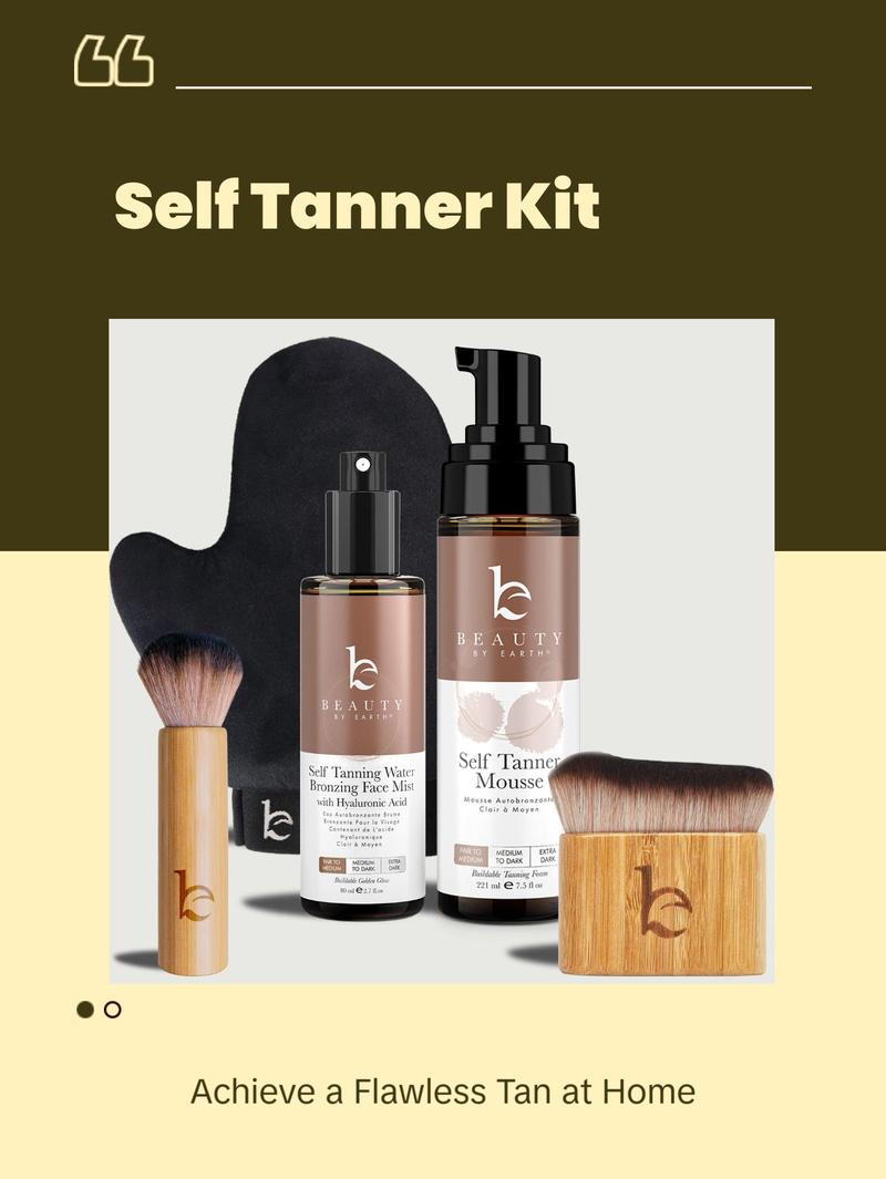 Beauty by Earth Self Tanner Pro Bundle - Professional Sunless Tanning Kit At Home includes tanning mousse, mist, face & body brush, mitt applicator