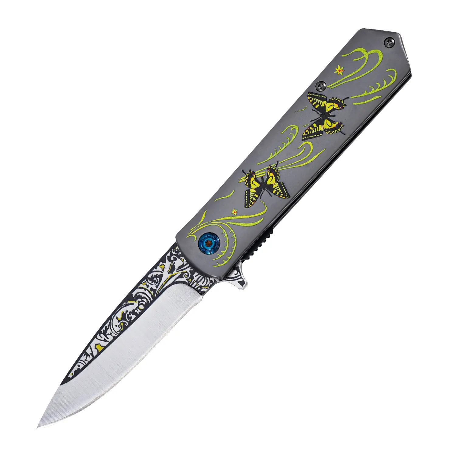 Butterfly & Floral Pattern Folding Knife for Adults with Decorative Etched Steel Blade & Aluminum Handle - Non-Retractable EDC Tool with Liner Lock for Camping & Fishing minifolding knife high-hardness
