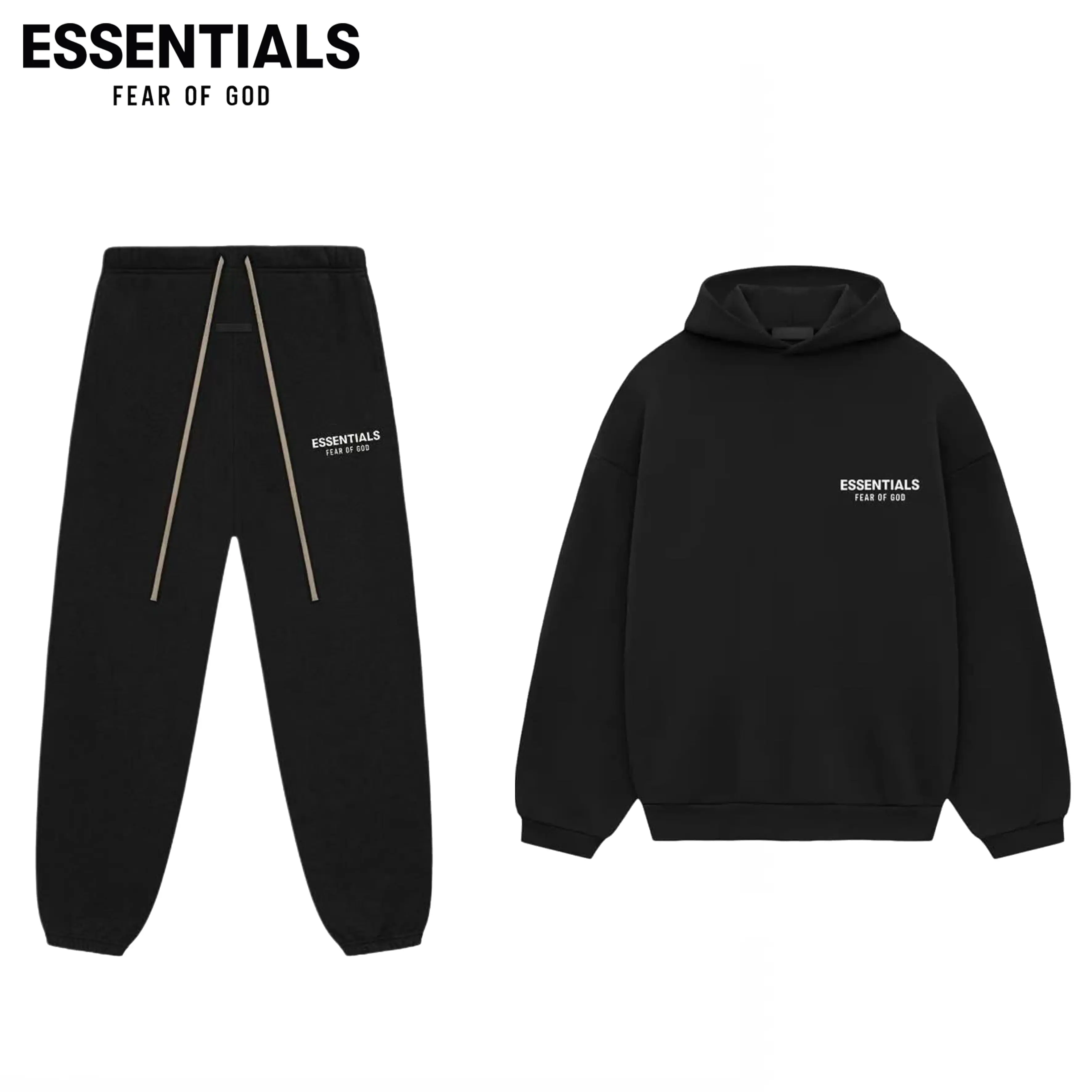 Fear of God Essentials SS24 2-Piece Sweatsuit Black Heavyweight Fleece Pullover & Jogger Pants Unisex