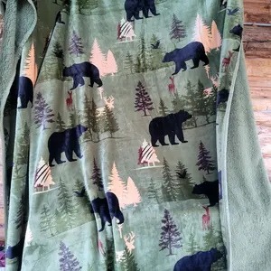 Tree, Black and Green Bear King RUSTIC SHERPA BORREGO Blanket, super soft and warm, cozy little bear fleece Soft Flannel FARMHOUSE