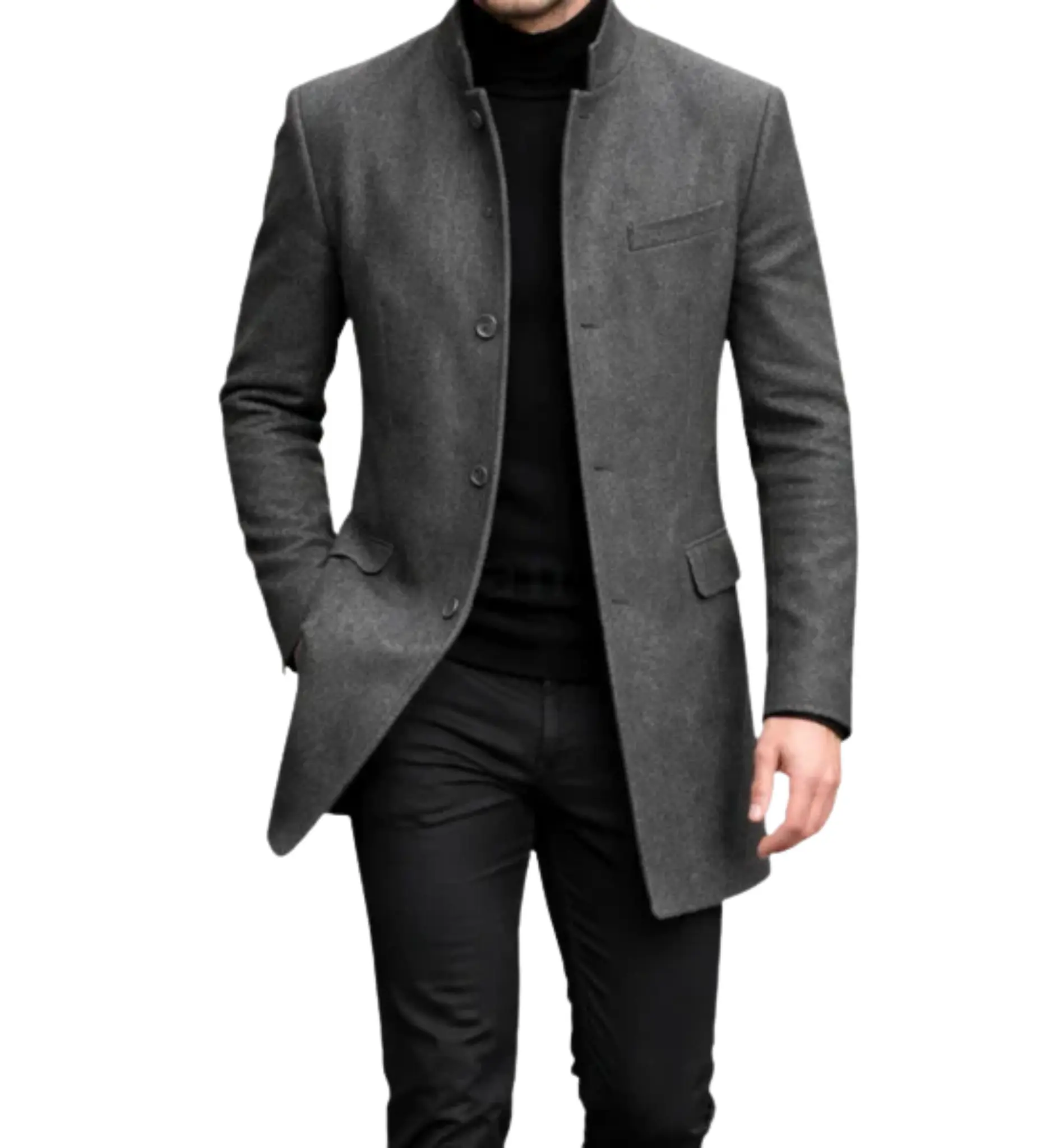 Men's Single Breasted Trench Coat Wool Fabric Gray Button Down Overcoat with Satin Lining & Long Sleeves for Stylish Outfits