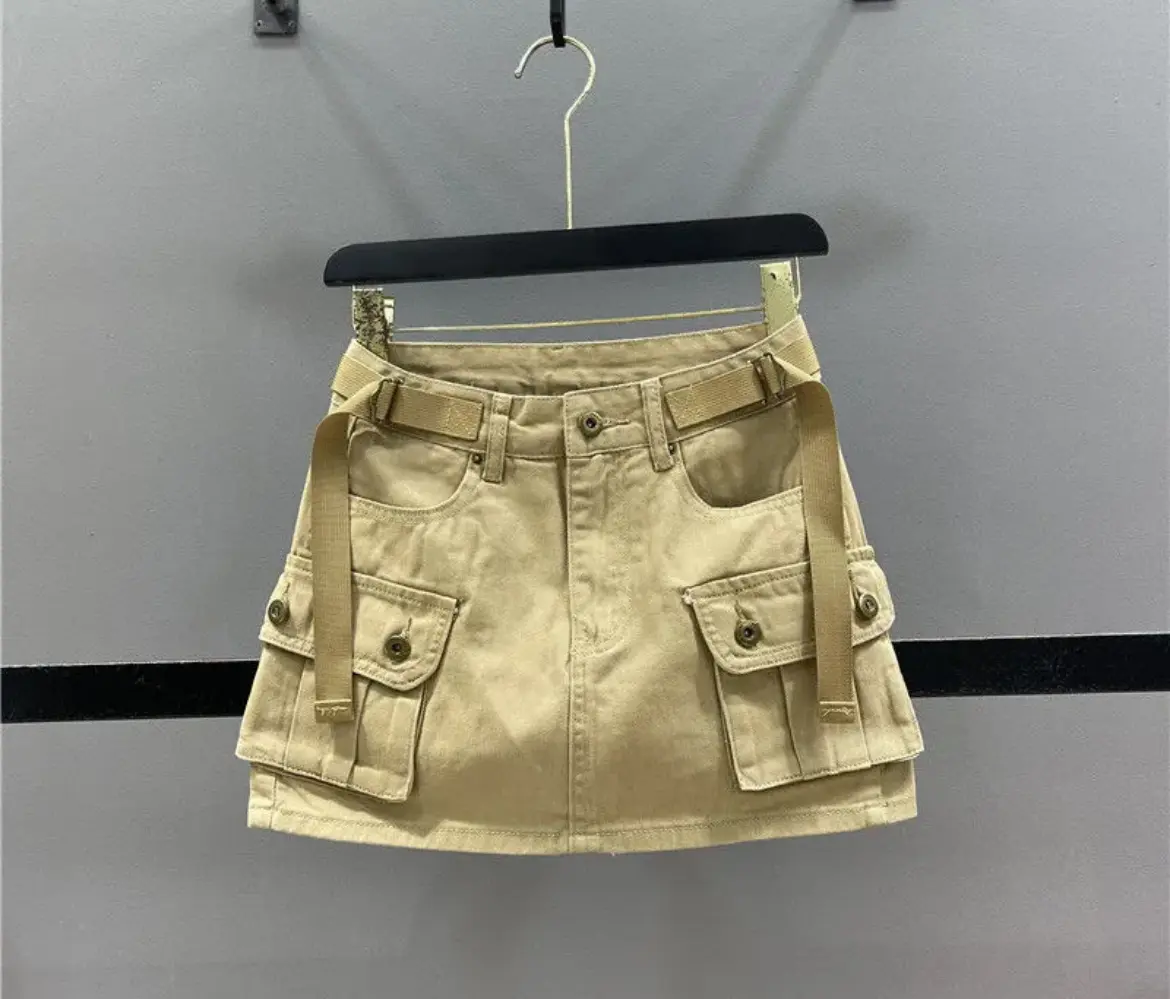 Women's Khaki Utility Skirt with Pockets and Belt Fabric Womenswear