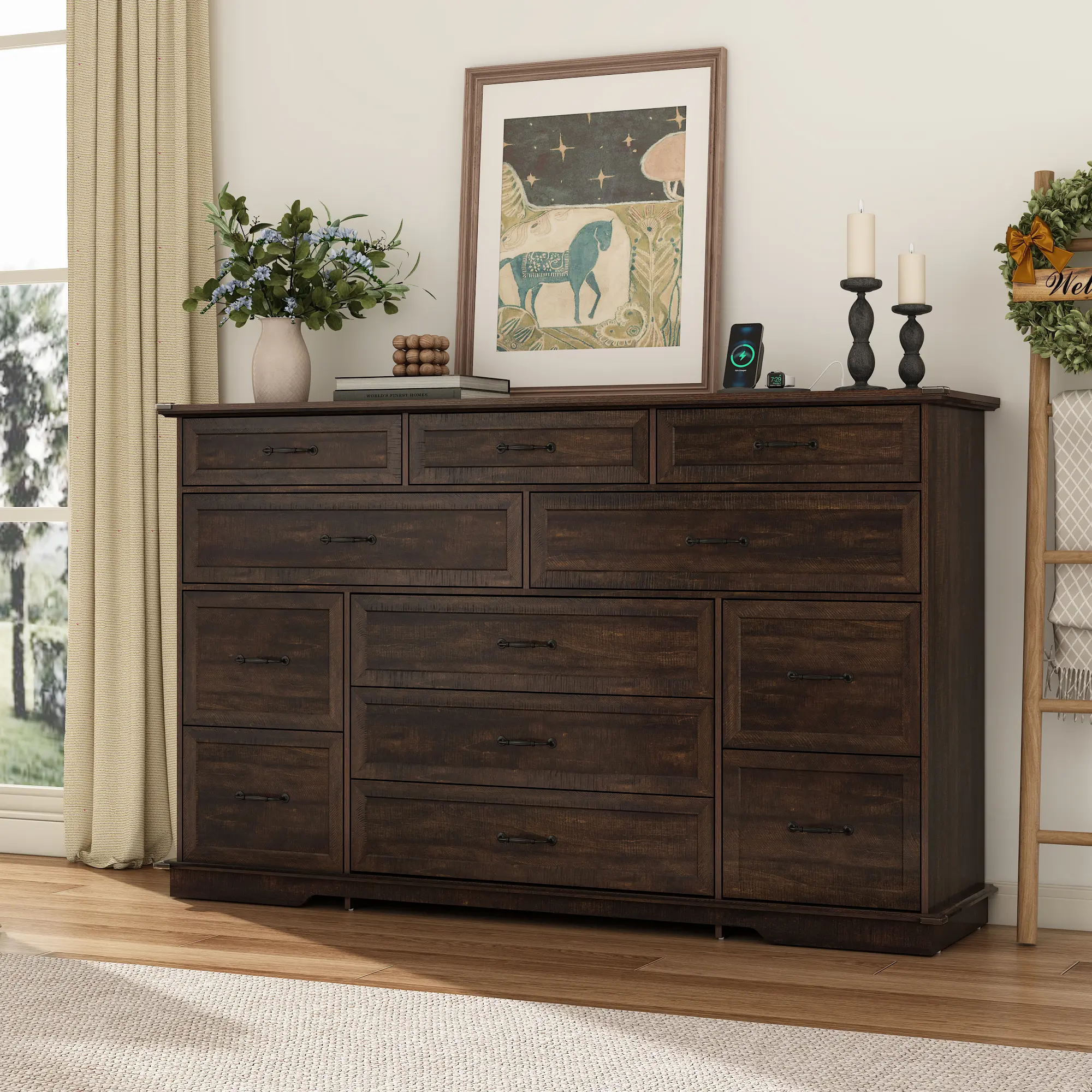 63" Farmhouse Wooden Storage Cabinet - 12-Drawer Rustic Tall Chest with Power Outlets, USB Ports, Distressed Grain, Flexible Layout, Full-Base Structure, Farmhouse TV Cabinet for Dining Room